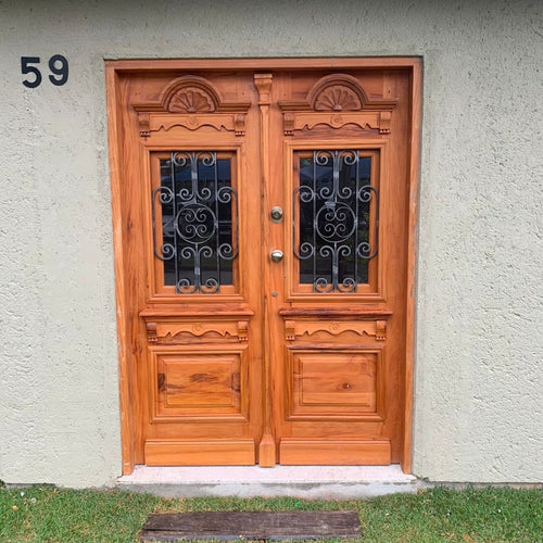 Luxury Double Mahogany Main Door with Glass & Iron Design